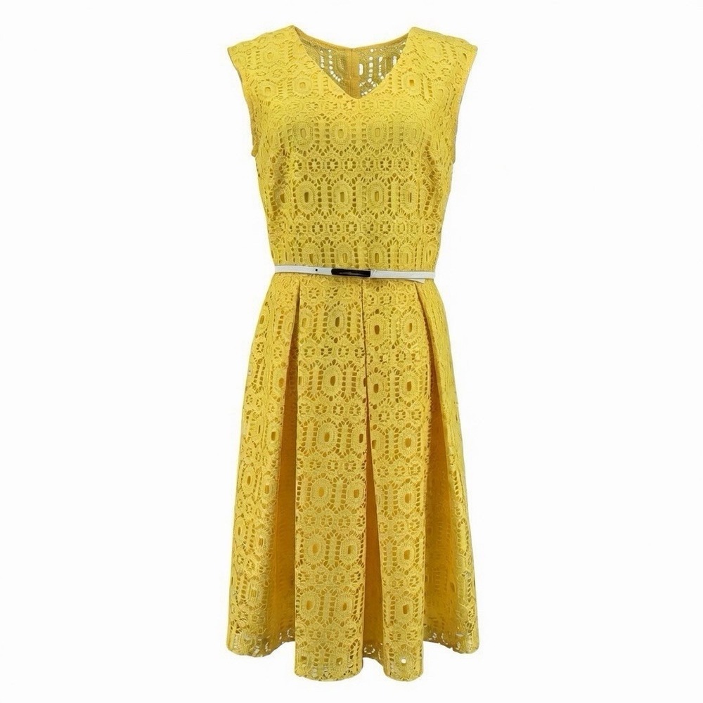 Liz Claiborne Dress Eyelet Open Crochet Fit & Flare Size 10 Belted Yellow Career
